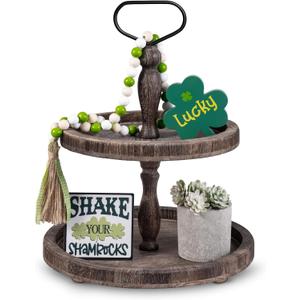 Mustry Rustic Wooden 2 Tiered Tray, Round Farmhouse Kitchen Table Decor Serving Tier Tray, Food Fruits Cupcake Display Coffee Bar Home Party Seasonal Decorations (Brown)