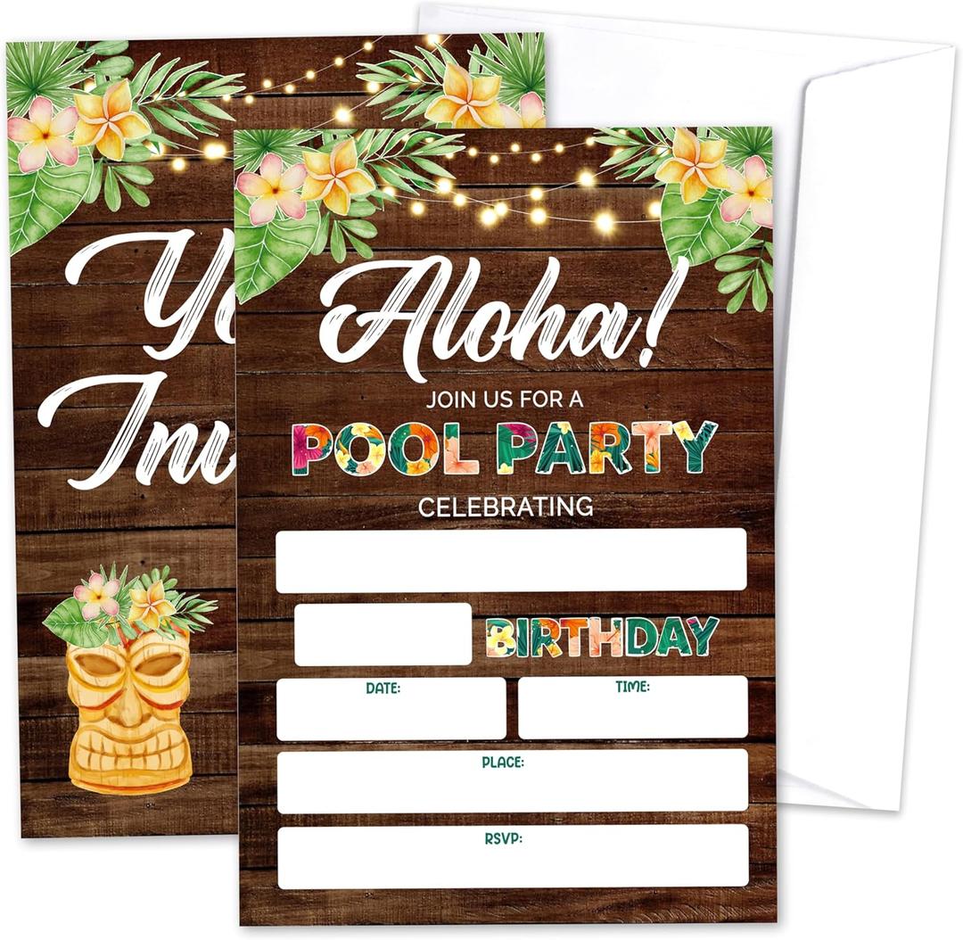 Pool Party Birthday Invitation Cards, Hawaiian Luau Fill-In Invites Card For Birthday Party, Tropical Invitations For Kids Family, Summer Parties Decorations Supplies, 20 Cards With Envelopes -01