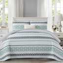 Luxudecor Quilts Queen Size Boho Sage Green Quilt Bedspreads Bedding Set, 3 Pieces Summer Queen Coverlet Sets with 2 Shams,Soft Lightweight Striped Patchwork Quilt for Bed 110"x90"