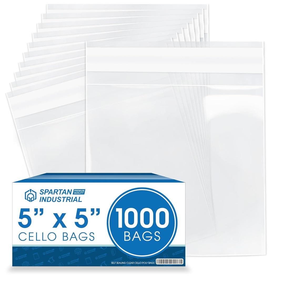 Spartan Industrial - 5" X 5" (1000 Count) Crystal Clear Resealable Cello Poly Bags for Jewelry, Parties, and More - Self Seal