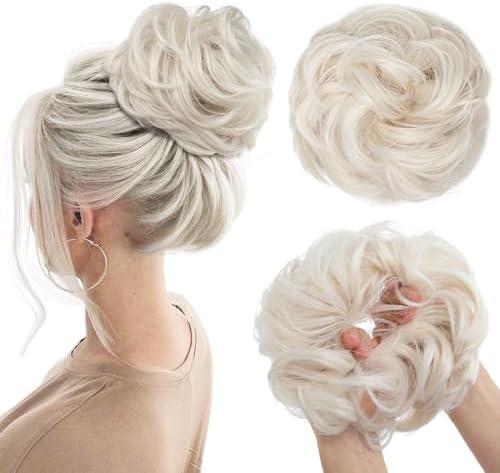 CJL HAIR Large Messy Bun Hair Piece Wavy Curly Scrunchies Synthetic Chignon Ponytail Hair Extensions Thick Updo Hairpieces for Women Platinum Blonde