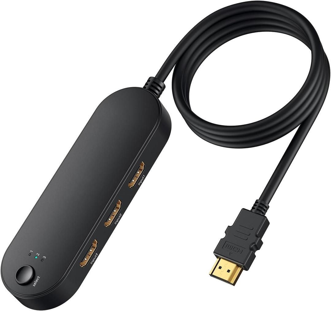 HDMI Switch 4K@60Hz 3 in 1 Out, HDMI Splitter with . Long Cable, 3 Port Hdmi Switcher Box Supports Full HD 4K 1080P 3D, HDMI Switch Selector for Xbox PS3 4 5 TV Gaming Mac Roku HDTV