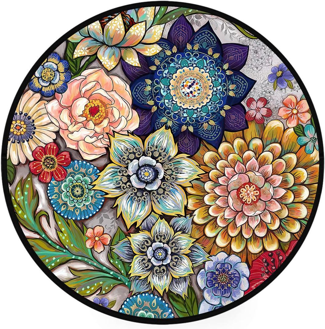Round Rugs 2 FT Washable Non Slip Round Area Rug, Medium-Pile Small Circular Rug for Bedroom, Bathroom, Entryway, Kids Room, Office, College Dorm (Colorful Flowers Boho)