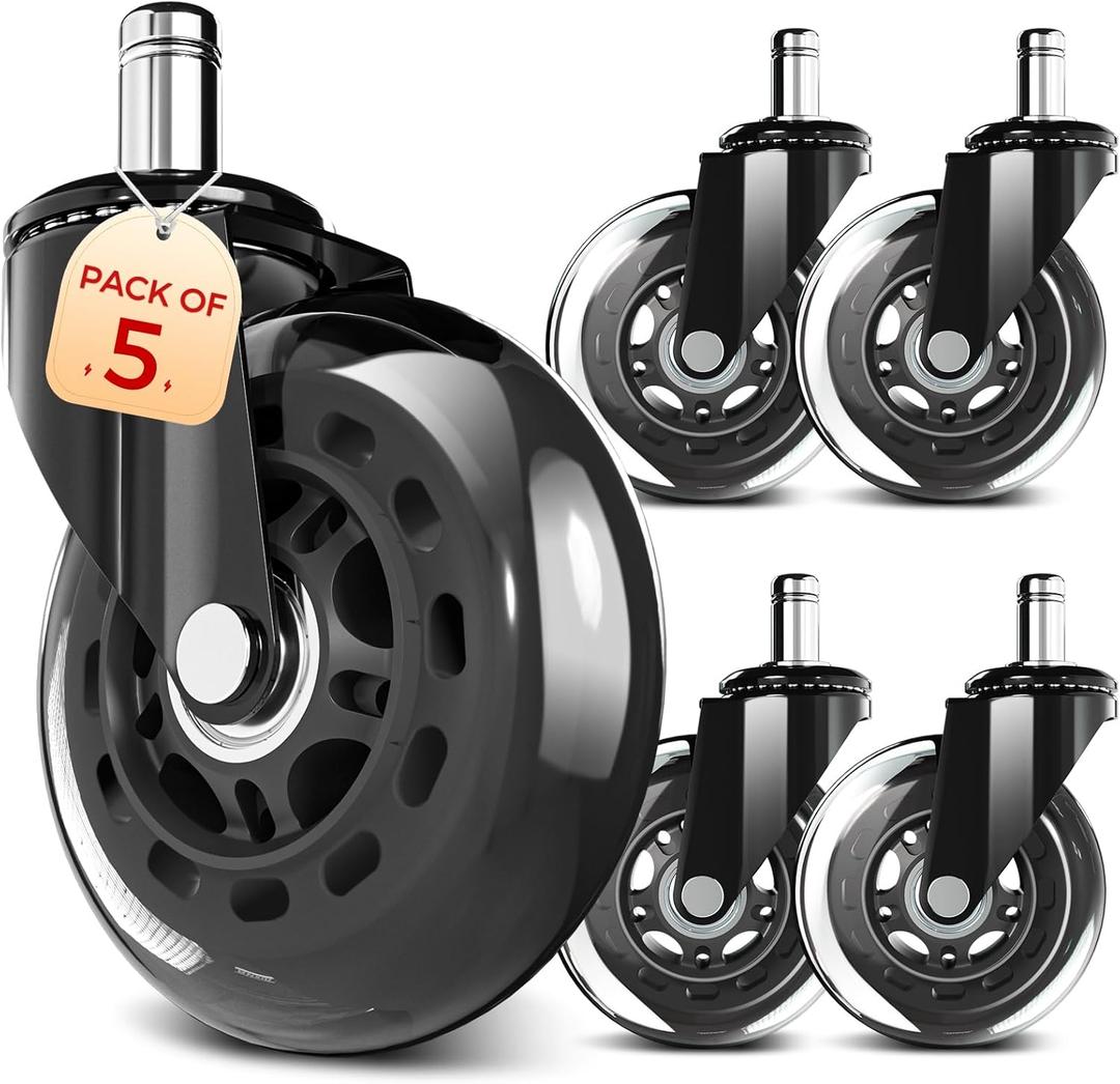 COMHOMA 5PCS Office Chair Wheels, Upgraded Heavy Duty Caster Wheel for Gaming Chairs, 4.5 Inch Smooth & Silence Rubber Wheels Fits Most Chair Replacement, Safe Casters for All Floor Carpet