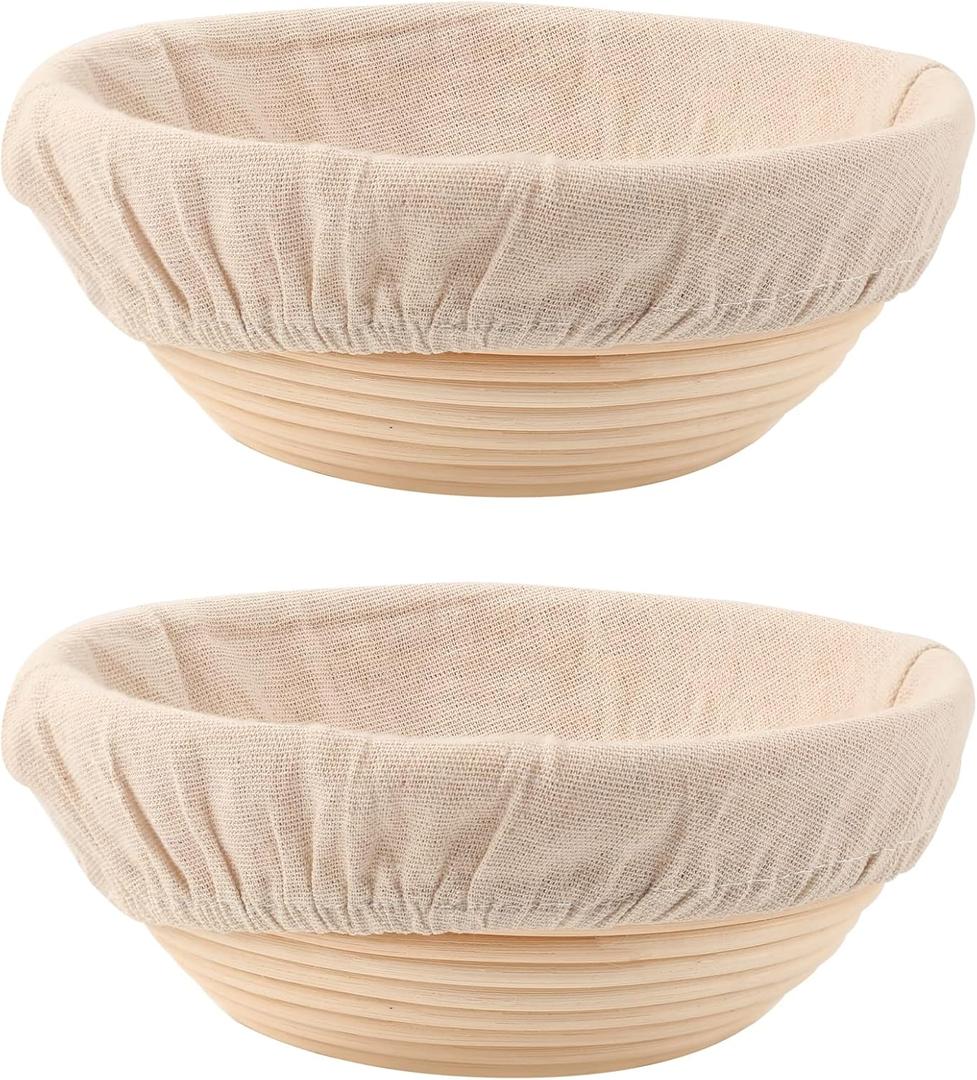 DOYOLLA Bread Proofing Baskets Set of 2 8.5 inch Round Dough Proofing Bowls and Liners Perfect Home Sourdough Bread Baking supplies, Beige (8.5"D x 8.5"W x 3.5"H)