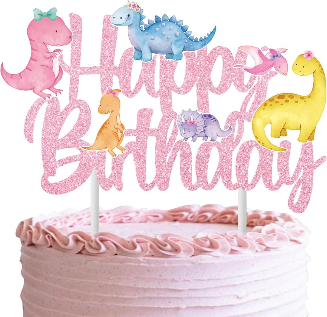 Dinosaur Birthday Party Cake Topper Dinosaur Birthday Party Decorations for Girls 1pcs Pink Glitter Dinosaur Theme Birthday Cake Topper for Dino Party Supplies Baby Shower Decorations