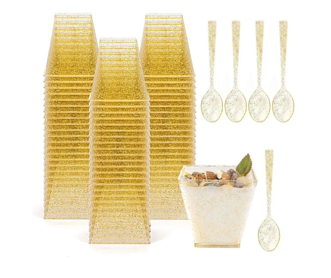 Tebery 100 Pack 8oz Gold Glitter Medium Plastic Dessert Cups With 100 Spoons Square Dessert Bowls for Tasting Party Desserts Appetizers