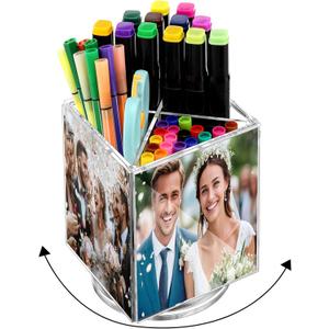Sherr Acrylic Rotating Photo Pen Holder for Desk, 4-side Photo Cube Magnetic Picture Frame Pen Pencil Holder for Photos of 4" x 6" for Office Desk Tabletop Organizer Decor