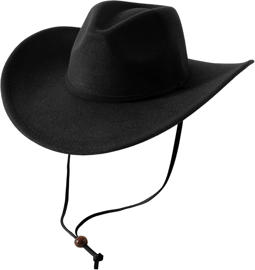 Lanzom Women Men Retro Felt Wide Brim Western Cowboy Cowgirl Hat Dress Up Hat with Wind Lanyard (Medium-Large, Black)