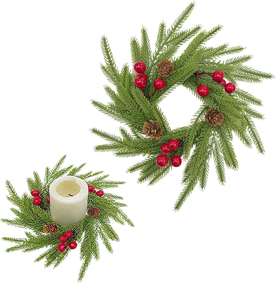Christmas Candle Rings Wreath Artificial Norfolk Pine Garland with Red Berries Snowy Pinecone Candle Ring Holder Cabinets Garland Ornament for Xmas Winter Holiday Home Centerpieces Decoration (Green)