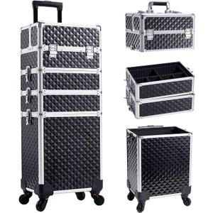 Adazzo 4 in 1 Rolling Makeup Case Cosmetic Train Case Trolley Roll Travel Box for Makeup Artist, Hairstylists, Nail Tech Makeup Cart with Key Swivel Wheels Barber Case Traveling Trunk Black