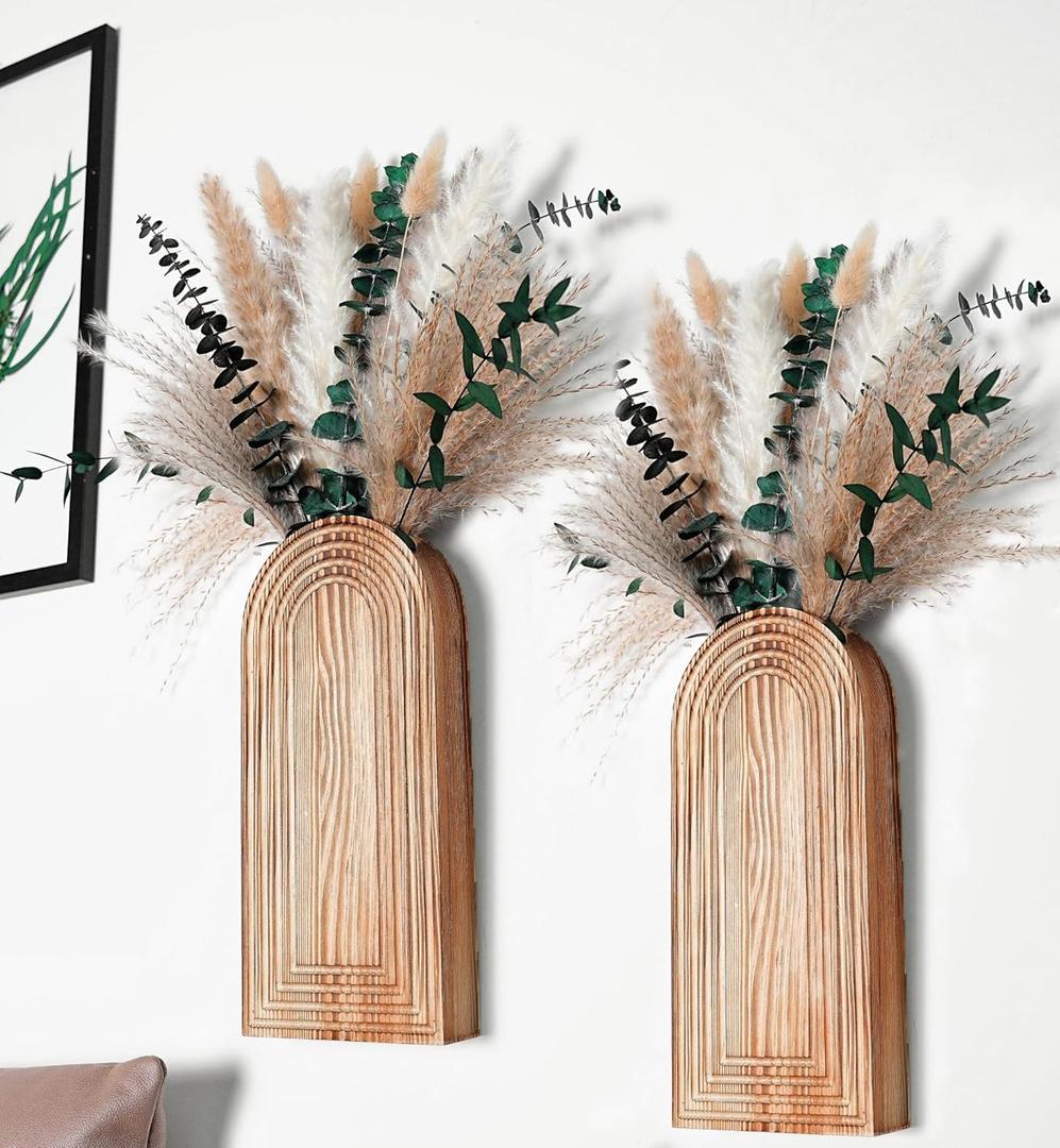 Set of 2 Wooden Vases with Pampas Grass and Eucalyptus  Boho Decor for Living Room, Modern Farmhouse Entryway or Bathroom, Rustic Art for Home Decoration