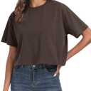 PRIMODA Women's Oversized Workout Cropped T Shirts Crew Neck Short Sleeve Casual Loose Summer Crop Tee Tops Cotton (Brown) S