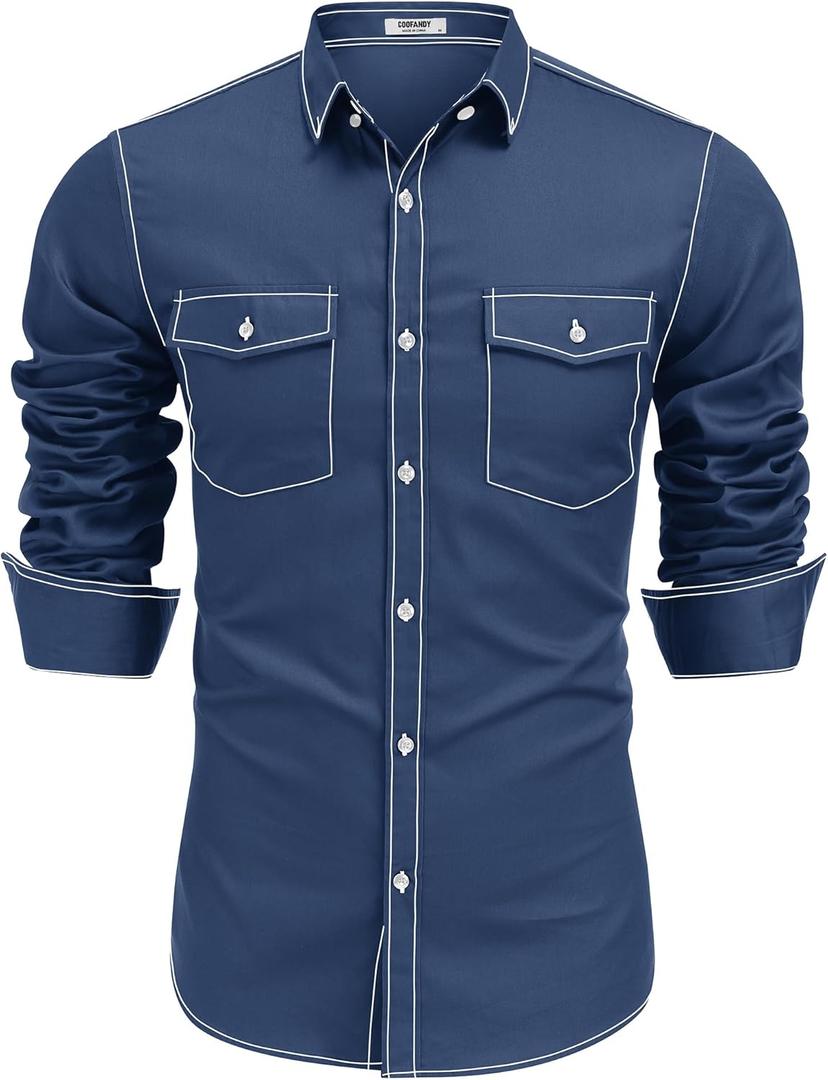 COOFANDY Mens Western Cowboy Shirts Cotton Long Sleeve Shirts with Two Pockets Embroidered (XX-Large, Navy Blue)