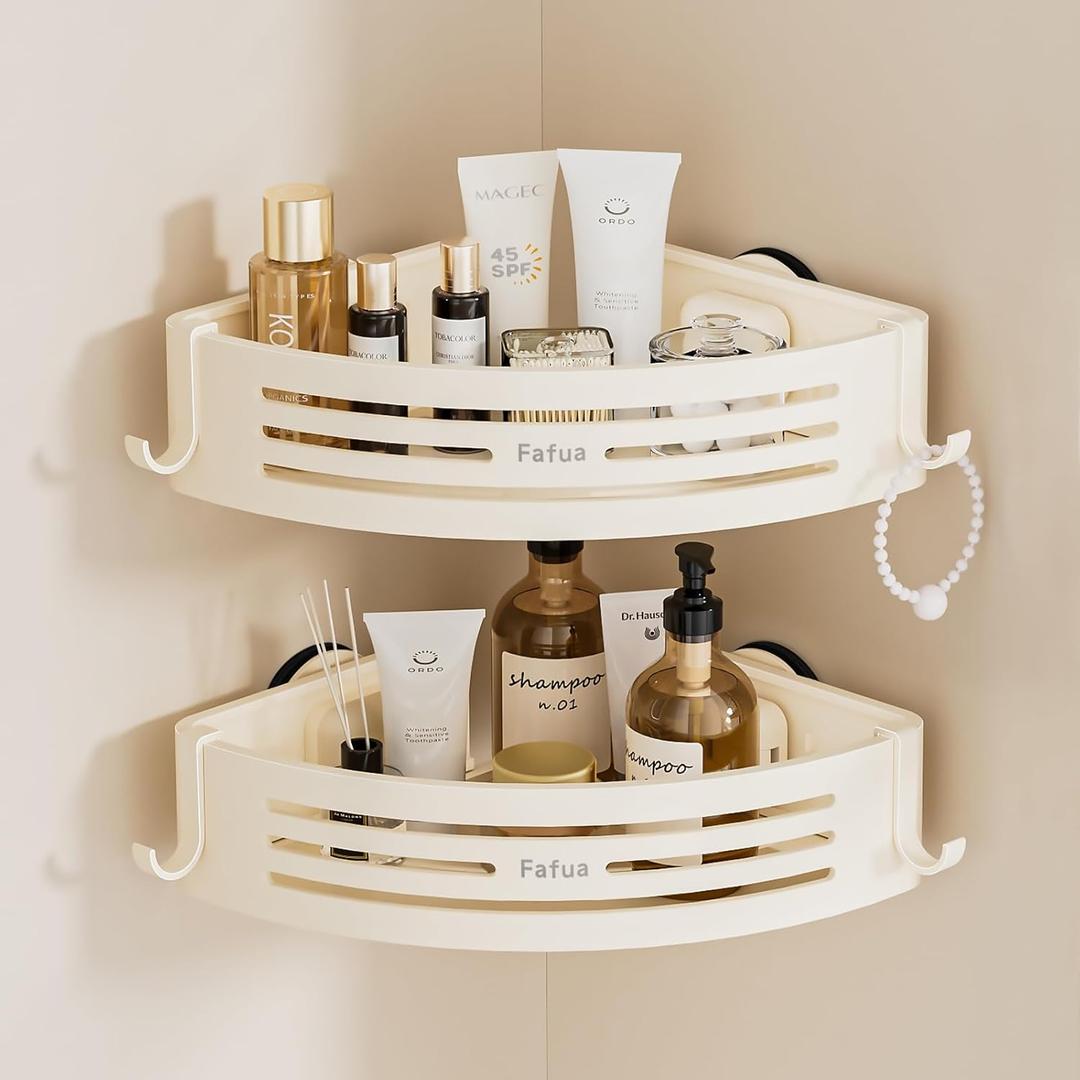 Corner Shower Caddy Suction Cup, No-Drilling Hanging Shower caddy with Hooks, Waterproof & Rustproof Removable Shower Organizer for Bathroom Storage, 2Pack
