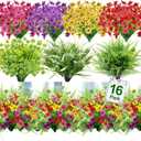 16 Bundles 7 Styles Artificial Flowers for Outdoors, UV Resistant No Fade Fake Plants Outdoor Faux Flowers Plant Silk Daisy Boston Fern Lavender Flowers for Cemetery Outside Planters Porch Patio Home