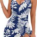 B2prity Women's One Piece Swimdress Tummy Control Ruched Swimsuit V Neck Modest Bathing Suit with Full Coverage Skirt, Medium