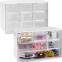 2Pcs Clear Mini Storage Drawers, 6-Grid Small Desk Organizer with Drawers, 9-Compartments Stackable Plastic Organizer, Desktop Storage Box for Craft Makeup Jewelry Bead (White)
