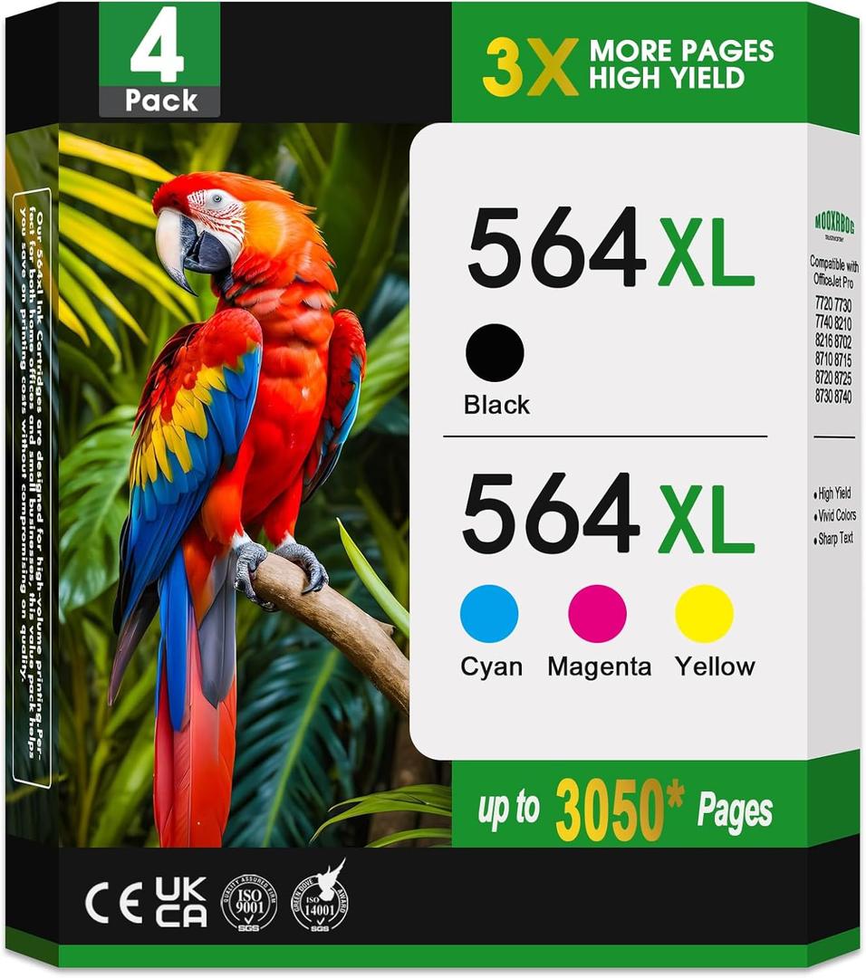 564XL Ink Cartridges Black Color Combo Pack (4-Pack, 1B/1C/1M/1Y) Replacement for HP Ink 564 564XL for Photosmart 7520 6520 6525 6520 3520 5520 OfficeJet 4620 DeskJet 3520 3522 Printer