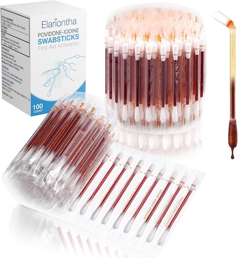 FSA Eligible, HSA Listed Item, 100 Pack Iodine First Aid Swabs Sterile Disinfection Cotton Sticks, Single-Use Portable Wound Care for Home, Travel, Camping & Minor Injuries