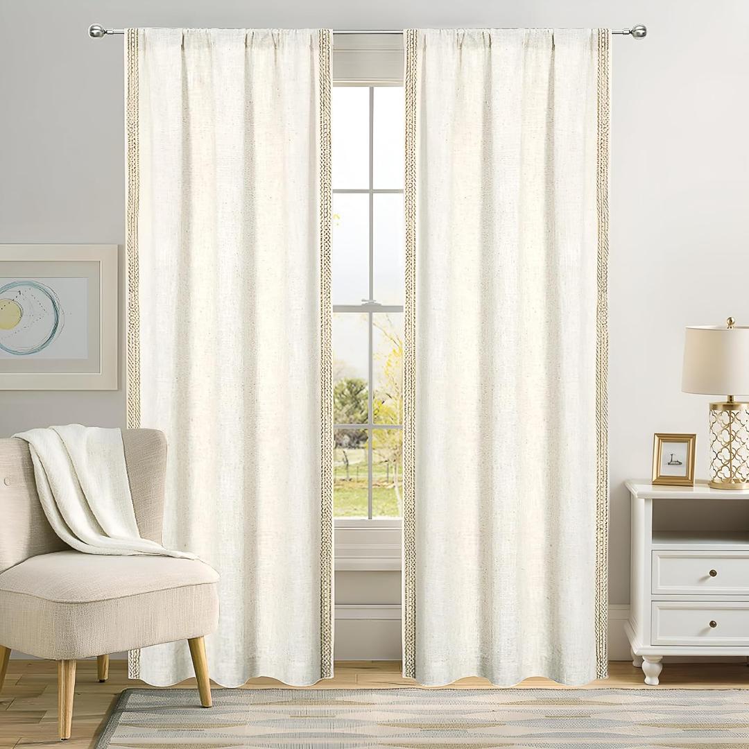 Natural Linen Curtains for Living Room Tassel Border Semi Sheer Boho Curtain Panels Light Filtering Linen Textured Window Treatments Set,2 Panels 40 x 95 InchesRod Pocket