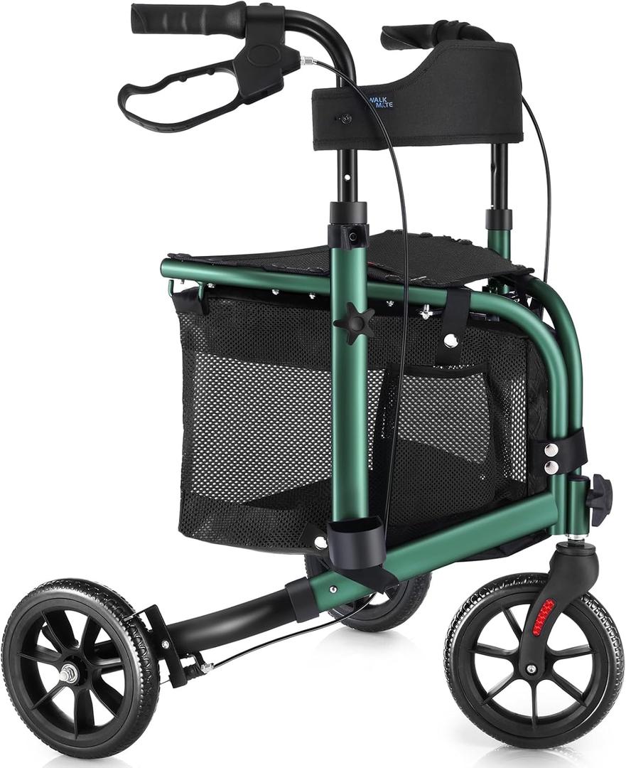 WALK MATE 3 Wheel Rollator Walker with Seat for Slim Seniors, Padded Backrest Lightweight Foldable Walker Ideal for Elderly, 8 Inch Tri-Wheel Modern Mobility Walking Aid Aluminum, Green