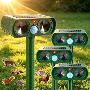 2026 Upgraded Solar Ultrasonic Animal Repellent Outdoor Cat Deer Repellent Devices Waterproof with Motion Sensor Squirrel,Dog,Raccoon,Skunk,Rabbit,Coyote Deterrent for Yard Garden, Green, Pack of 4