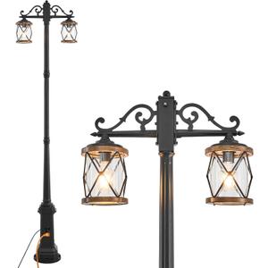 Dusk to Dawn Outdoor Lamp Post Lights with GFCI Outlet,Double-Head Farmhouse Street Light Fixture,Aluminum Black Pole Exterior Lights, Waterproof Lantern Outdoor Lighting