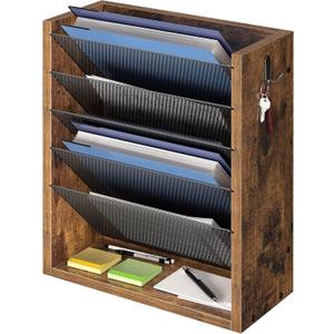 Hanging Wall File Organizer, 6 Tier Wood Wall File Holder with 2 Hooks, Mail Organizer Wall Mounted with Bottom Flat Tray, Vertical Paper Desk Storage for Office, Home, Rustic Brown