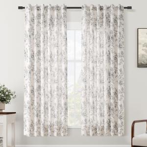 Floral Linen Curtains 63 inch length 2 panels for Dining Room Neutral Cream Black Pattern Printed Curtains Living Room Back Tab Semi Sheer Drapes Vintage Farmhouse French Country Curtain for Bedroom