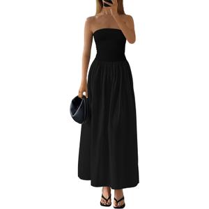PRETTYGARDEN Women 2026 Summer Elegant Strapless Maxi Dress Tube Top Dress A Line Flowy Long Wedding Party Cocktail Dresses(Black, Small)