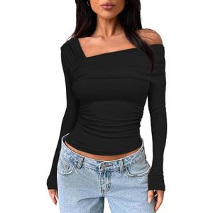Darong Women's Off Shoulder Tops Y2K Shirt Slim Fit Ruched Crop Top Long Sleeves Spring Fall Blouse Going Out Shirt (X-Large, Black)