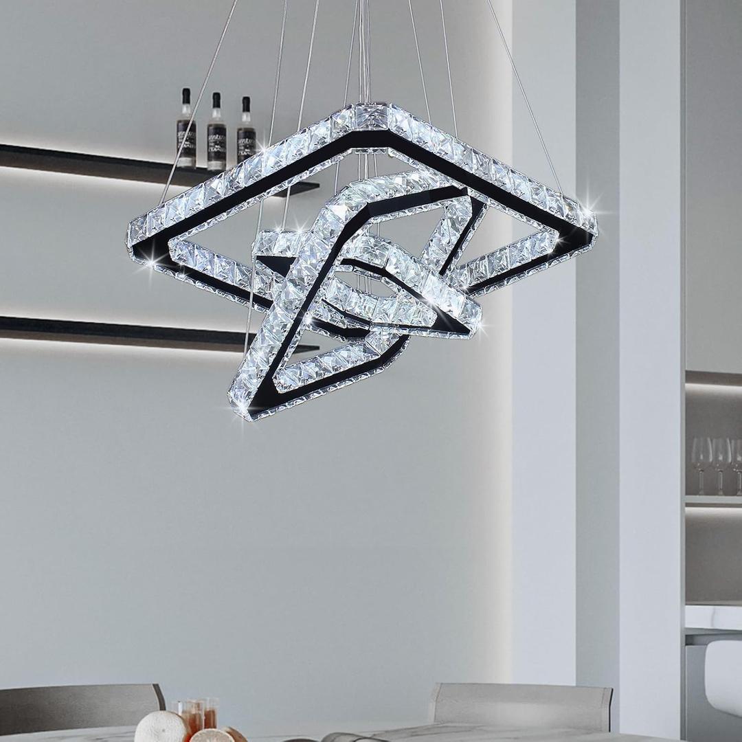 Modern Crystal Chandelier LED Ceiling Light, Square 3-Ring Height Adjustable 47W K9 Crystal Pendant for Dining Room, Living Room, Bedroom, Foyer, Cool White 6000K
