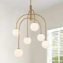 LamQee 6 Lights Mid Century Modern Chandelier, Milk Glass Globe Chandelier Light Fixture with Gold Metal & White Ball, Large Pendant Lighting Ceiling Hanging for Dining Room Kitchen Island Entryway