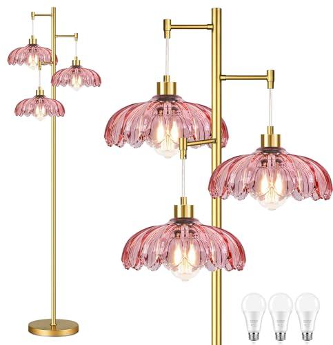 QIYIZM Pink Floor Lamp for Living Room,Bedroom,Gold Mid Century Modern Standing Lamp Brass Tree 3 Light Tall Floor Lamps Vintage Retro Floor Lights Glass Flower Lamp Shade Farmhouse Boho Bohemian