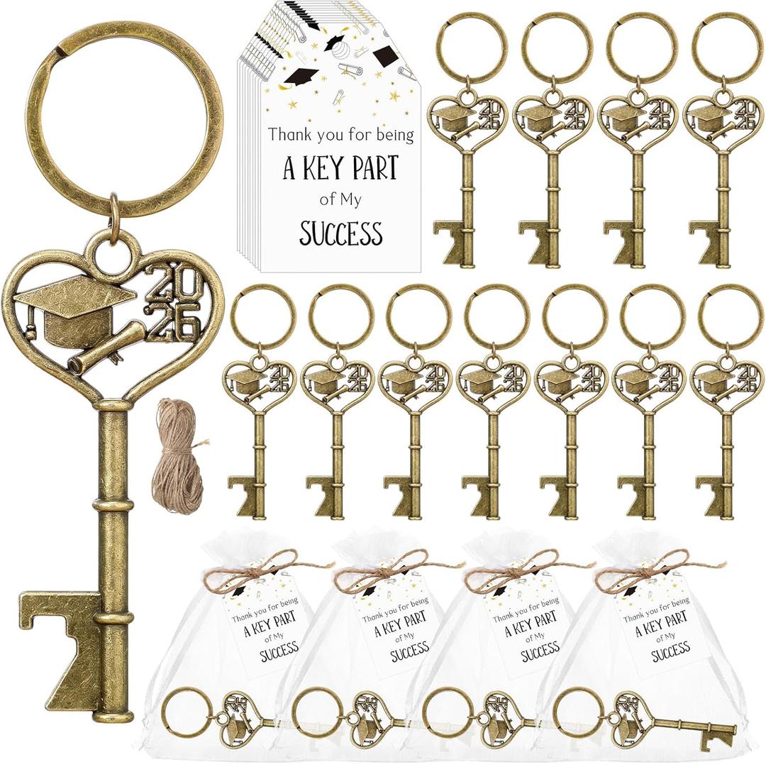 Misdary 50 Sets Graduation Party Favor for Guest 2026 Graduation Cap Bottle Opener Keychains with Thank You Card Organza Bags Class of 2026 College Celebration Party Supplies (Bronze)