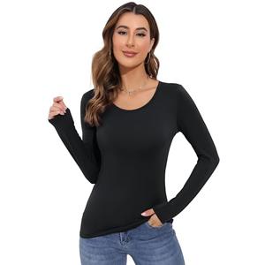 Women's Basic Long Sleeve T Shirts, Crewneck Slim Fit Tops, Plain Layer Underscrub Tees X-Large Black