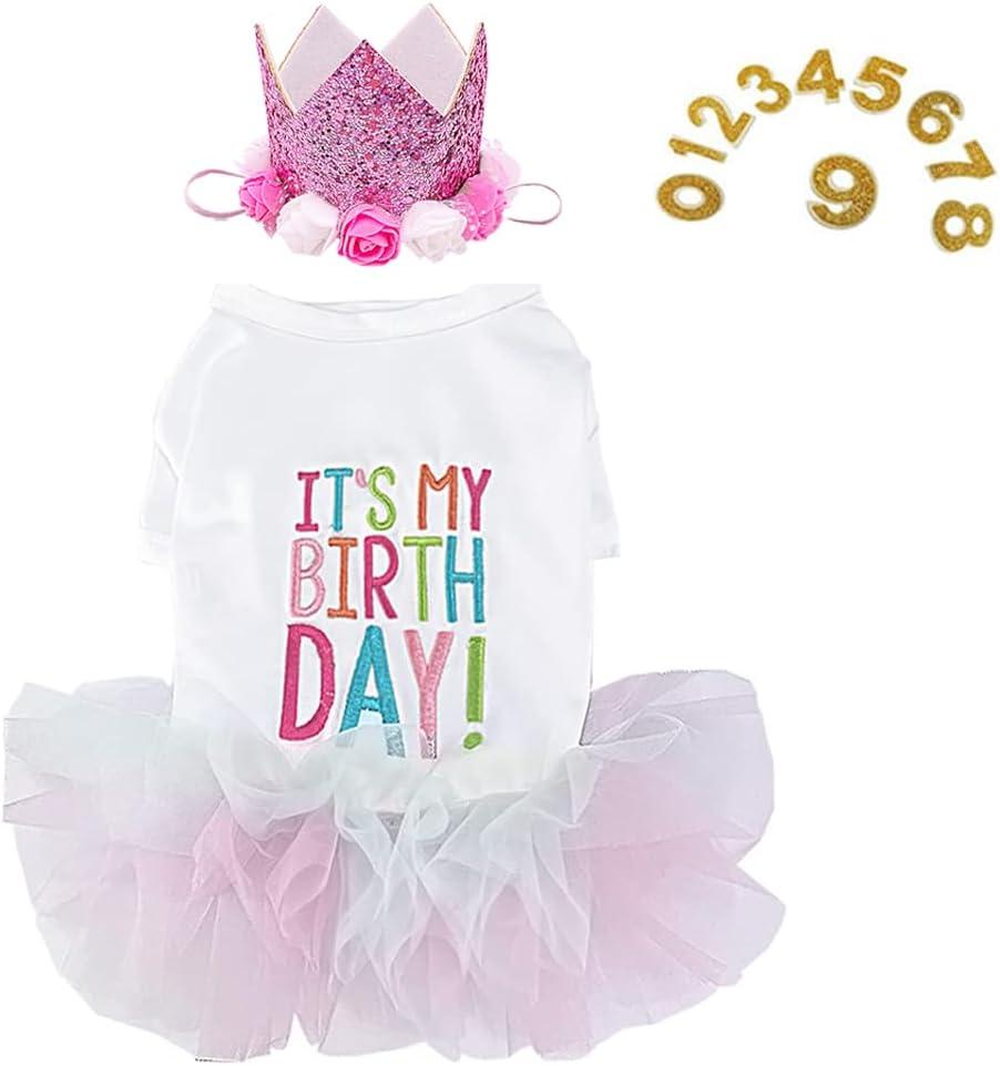 ANIAC Dog Birthday Dress and Hat Set Puppy Lace Tutu Pink Pet Crown Hat with 0-9 Figures Birthday Outfit for Cats Dog (White+Pink,Medium)