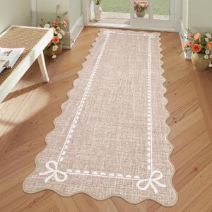 GarveeHome Scalloped Bow Rug for Living Room, Solid Camel Rug for Dorm, Washable Runner Rugs 2x6 Soft Low Pile Non Slip Scalloped Rugs for Nursery Bedroom Decor Hallway Entryway Playroom