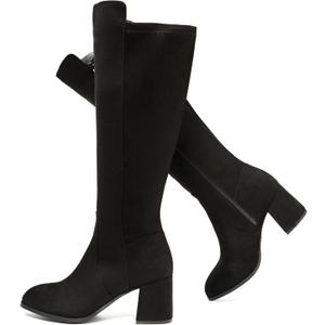 Women's Extra Wide Calf Knee High Boots True Wide Width Chunky Heeled Boot Comfortable Plus Size Tall Long Gogo Boots for Women. (Black Mf 370)