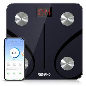 RENPHO Bluetooth Body Fat Scale, Digital Weight Scale Bathroom Smart Body Composition Analyzer Wireless BMI Compact Scale Health Monitor with Smartphone APP, 396 lbs (10.2"/260mm, Grey-Black)