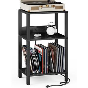 TUTOTAK Record Player Stand with Storage Up to 100 Albums Record Storage Table,3 Tier End Table with Charging Station, Side Table for Living Room, Bedroom, Black TB01BK076