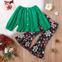 Toddler Baby Girl Christmas Outfits Long Sleeve Shirt Top Snowflake Plaid Bell Bottom Pants Set Xmas 2Pcs (Green)