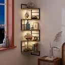 Corner Floating Shelves with Lights - 5 Tiers Corner Shelf Wall Mounted, Bookshelf with LED Light, Floating Shelves for Wall Decor, Display Shelf for Bedroom, Living Room, Office & Home-Brown