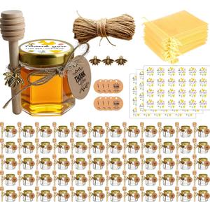Adabocute 60 Pack Mini Honey Jars with Dipper - Honey Pot with Gold Lid, Bee Pendants, Jutes, Gift Bags and Stickers - For Baby Shower Wedding Favors