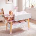 ROBUD Wooden All-in-One Baby Doll Changing Table with Mattress, Removable Sink, 2 Fabric Drawers, Bed Bell, Doll Furniture with Realistic Details for Kids 3+, Fits Dolls Up to 20 in, Pink