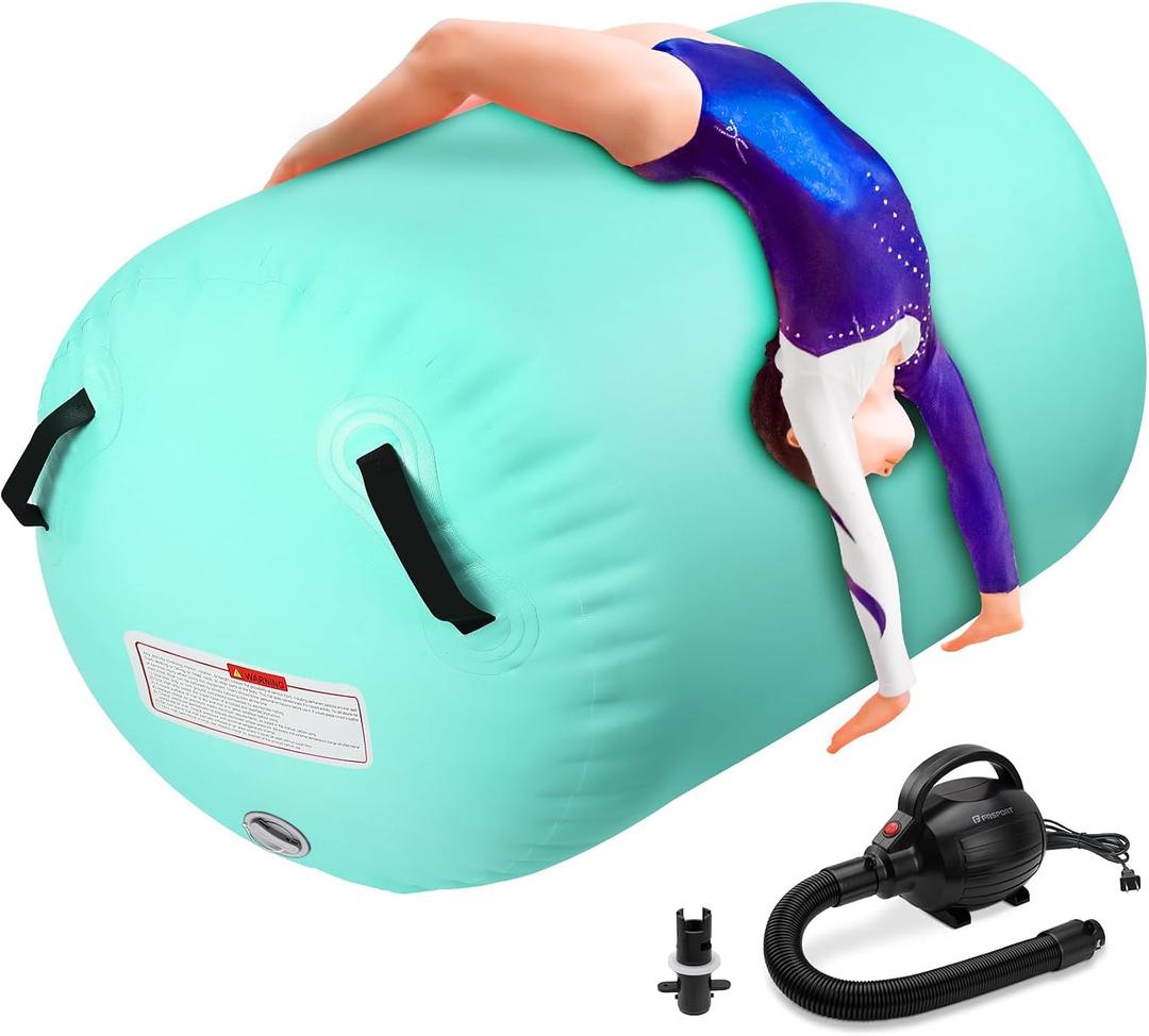 KIKILIVE Inflatable Gymnastics Air Roller Barrel Green 47x29inch, Tumble Rolling Air Roller Gymnastics Barrel with Electric Pump for Kids Adults Home Outdoor Gymnastic Training Cheerleading Yoga