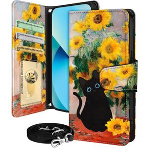Buleens for iPhone 13 ProMax Wallet Case for Women - with Card Holder for iPhone 13 ProMax Flip Case Leather Crossbody Cute Aesthetic i Phone 13ProMax Case with Strap for Girls Girly, Cat Sunflower