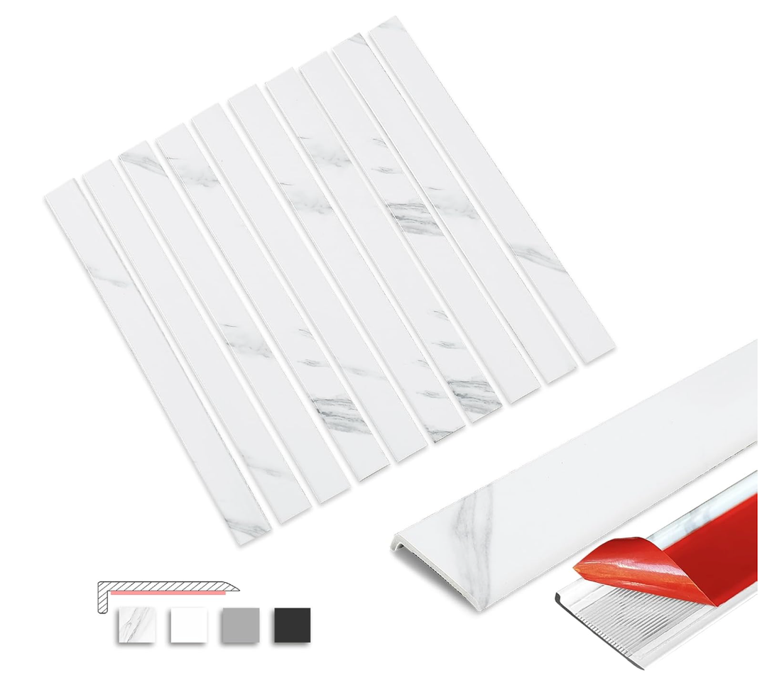 Tilingview 10-Pcs Peel and Stick Tile Edge Trim, 12 Inches Self-Adhesive Tile Edging Decorative Pencil Tile, PVC Molding Tile Trim for Backsplash (White)