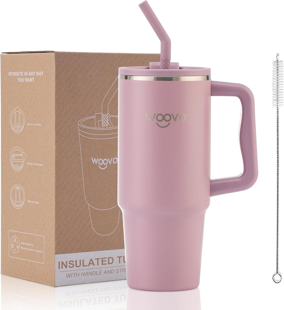 30 oz Tumbler with Handle and Straw, BPA Free Travel Mug with Handle and Splash-Proof Lid, Double wall Stainless Steel Insulated Cup with Handle, Mauve